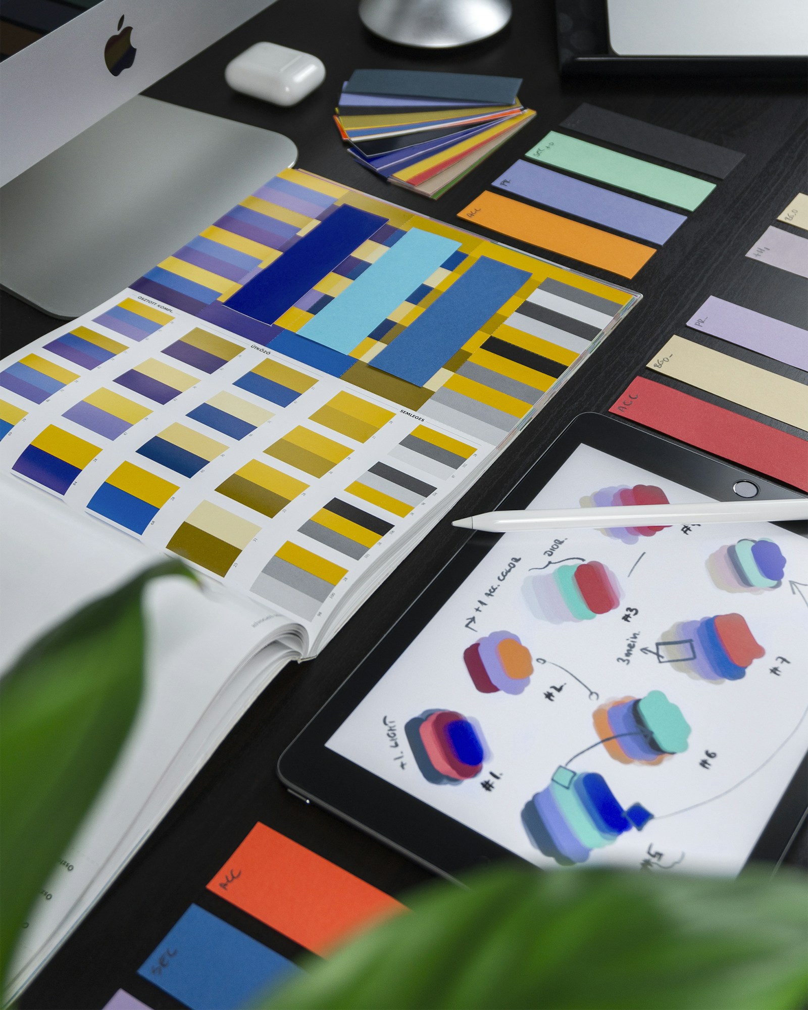 Art direction desk with layout grids and colour swatches